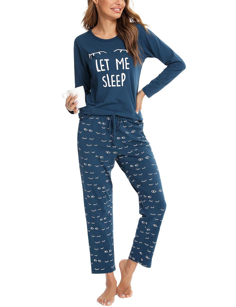 EISHOPEER Women's Cotton Long Sleeve Pajamas Set Sleepwear Cute Lounge Nightgowns Peacock Blue M - Image 3